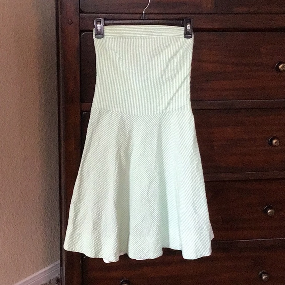 Strapless green and white seersucker dress